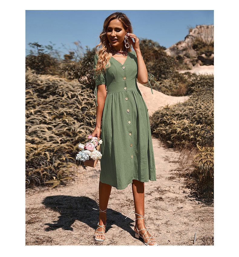 Summer Dress Short Sleeve V-neck Commuter Dress in Solid Color