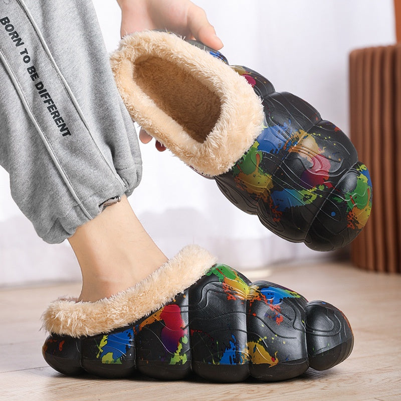 Home Indoor Platform Fleece-lined Contrast Color Cotton Slippers