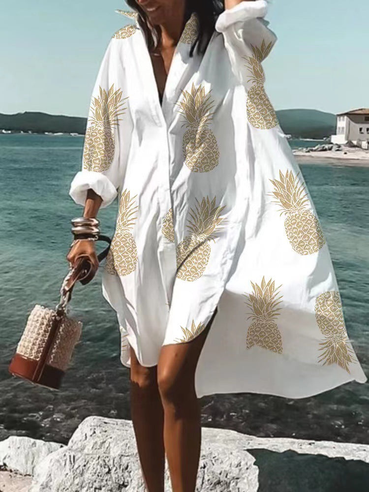 Women's Loose Digital Printing Long-sleeved Lapel Shirt Dress