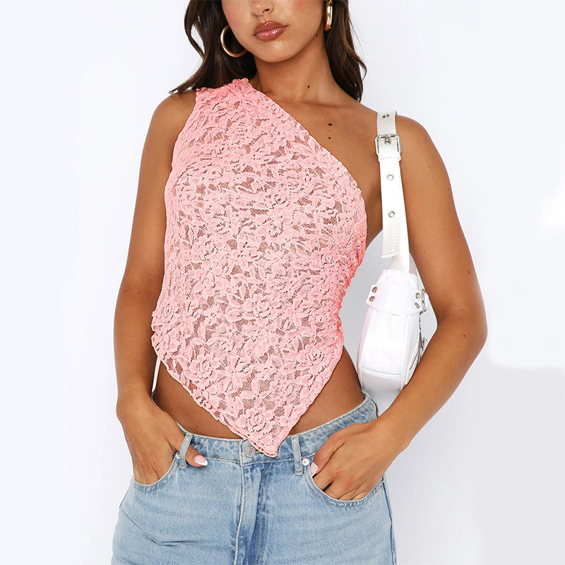 Summer Lace Backless Top for Women Asymmetrical Sloped Neck Vest