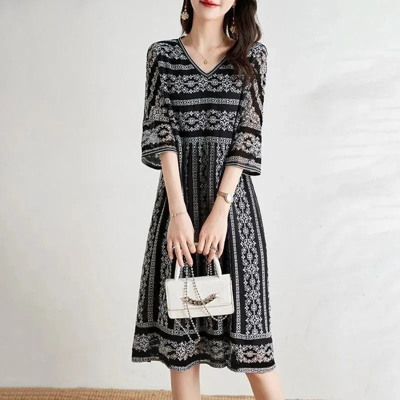 Chiffon Printed Temperament V-neck Skirt Summer Sense Socialite Style