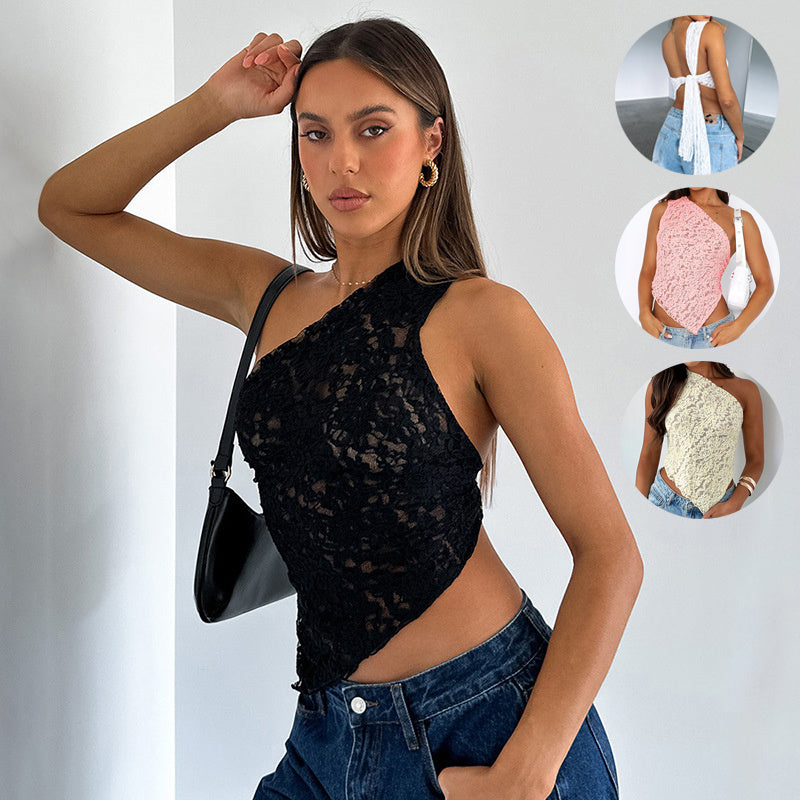 Summer Lace Backless Top for Women Asymmetrical Sloped Neck Vest