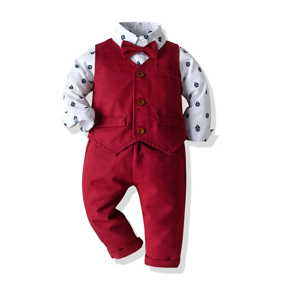 Top and Top Gentleman Clothing Set Cotton Long Sleeve Bowtie Shirt+Waistcoat+Pants 3Pcs Suit Kids Boy Izingubo Ezivamile Isethi