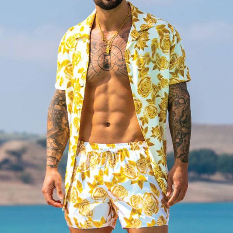 Streetwear Short Sleeve Beach Shirt With Short Pants Casual Men Outfit