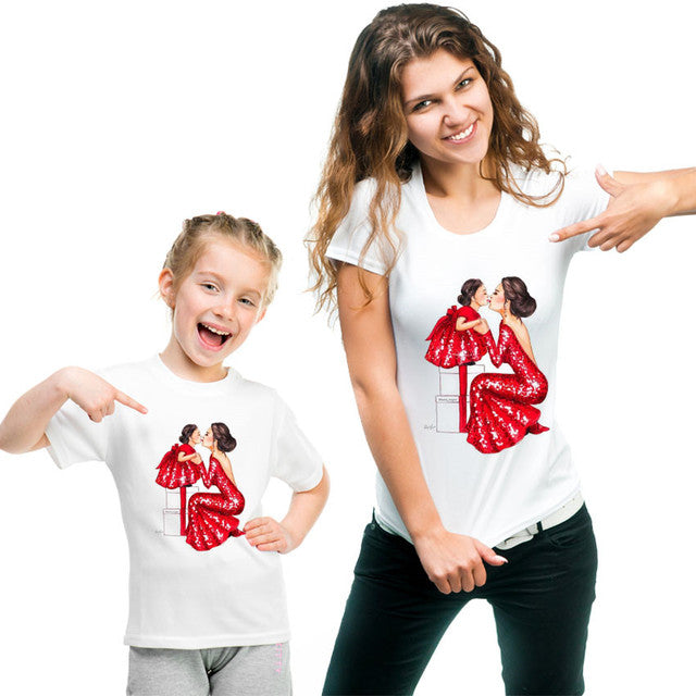 Red Dress Print Love Gift Family Look Mother Daughter Clothes