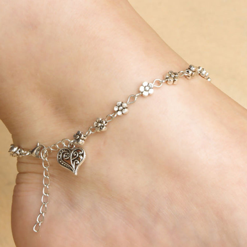 Tibetan Silver Hollow Plum Blossom Foot Ornaments Heart-shaped Anklet