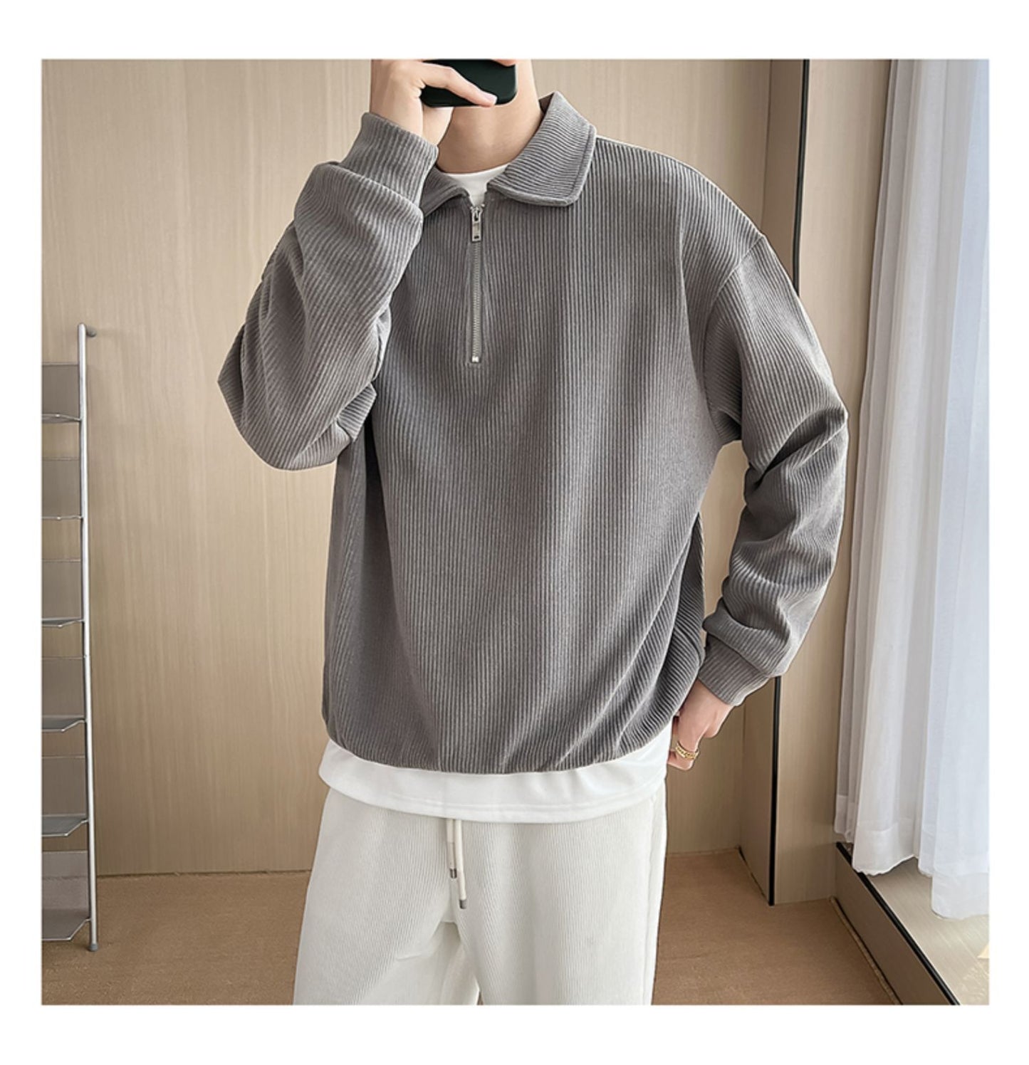 Half Zipper Polo Shirt Sweater Men's Polo Collar Stripes Thin Coat