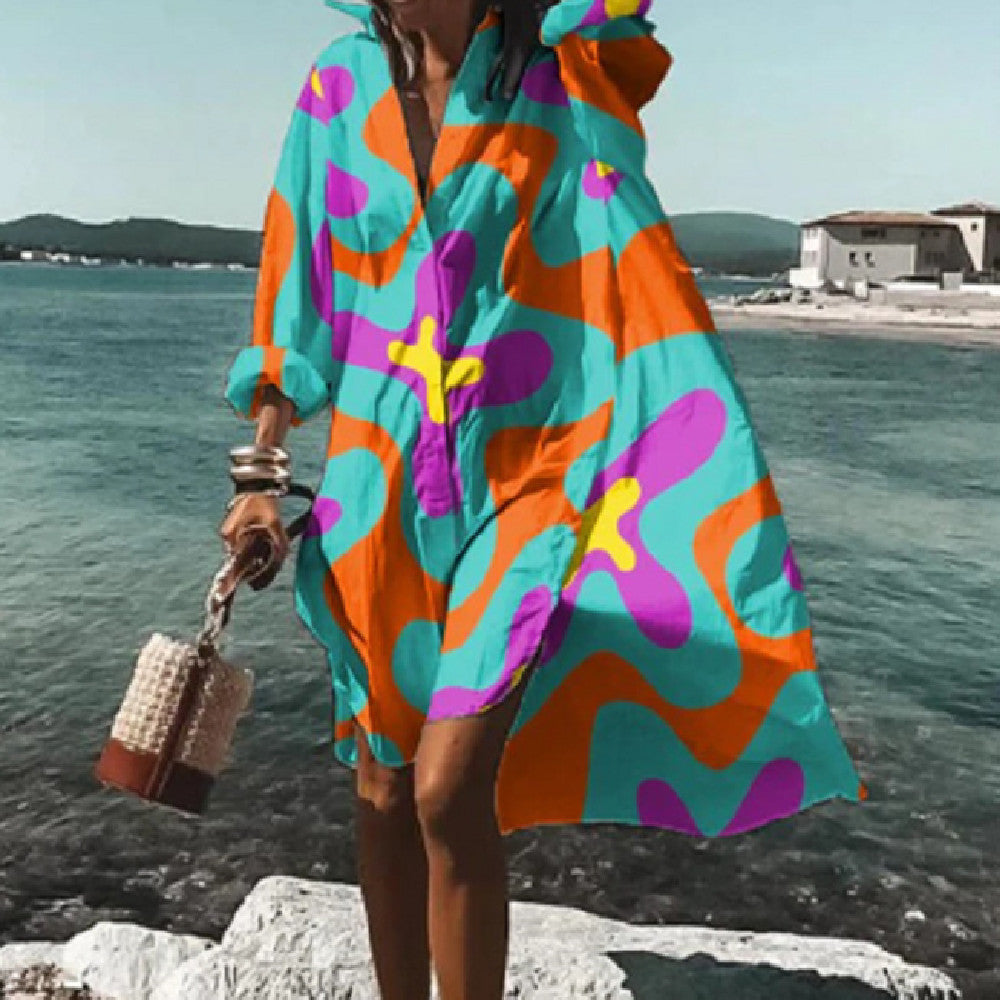 Women's Loose Digital Printing Long-sleeved Lapel Shirt Dress