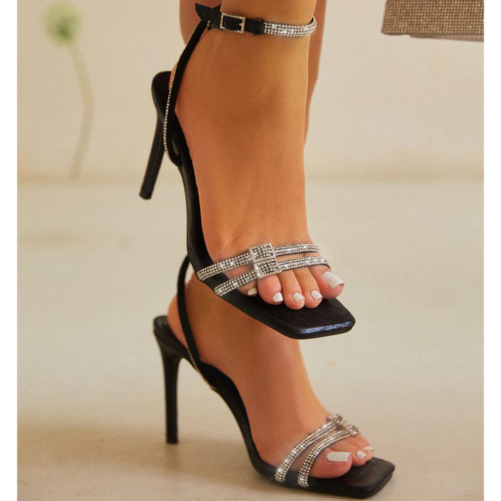 Simple High Heel Rhinestone Thin Belt Square Head Stiletto Sandals