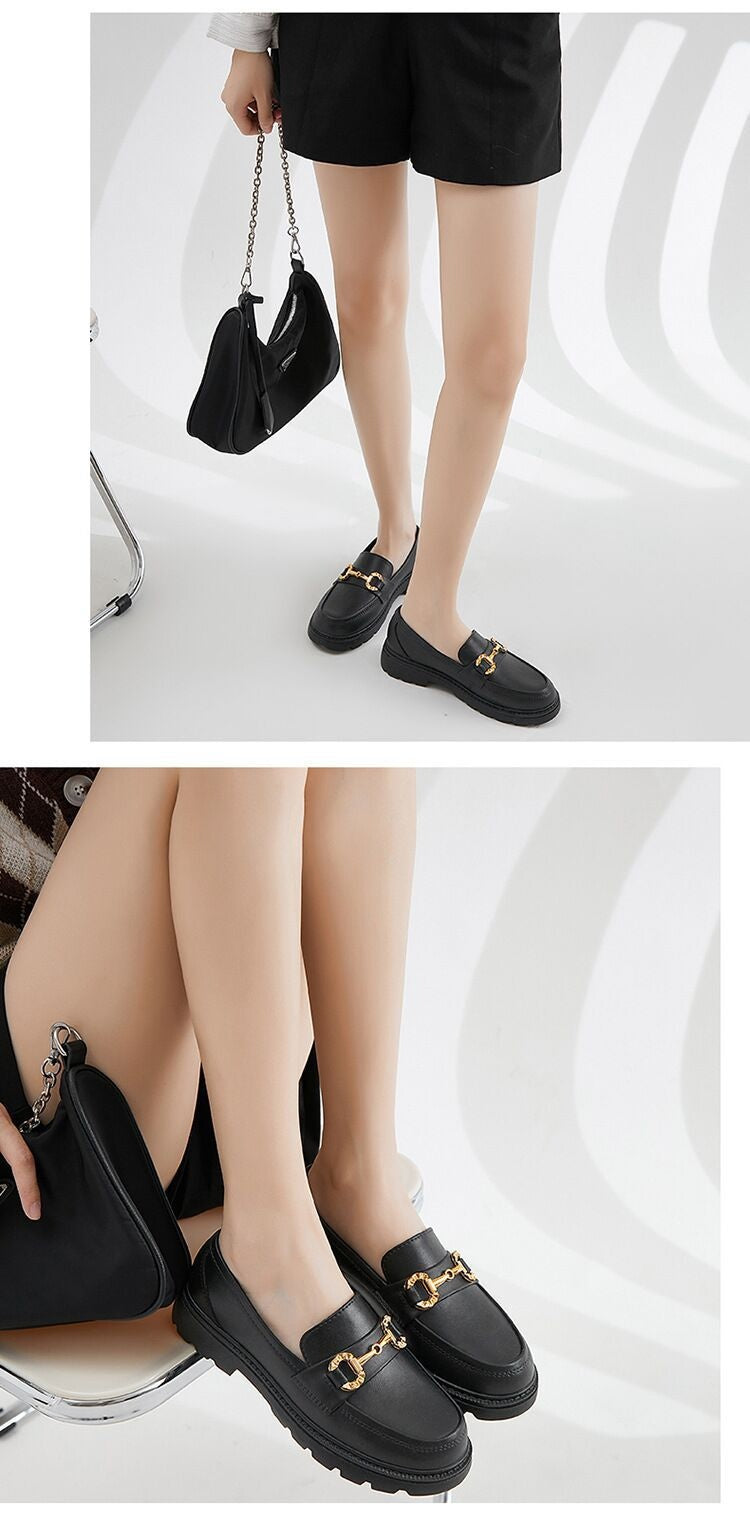 Women's British Style Retro Small Golden Button Round Toe PVC Slip-on Platform Shoes