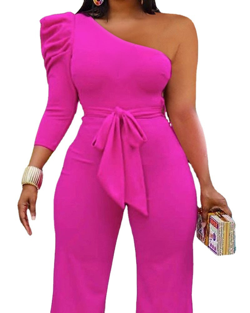 Solid Color Stitching Slant Shoulder Waist One-piece Wide-leg Pants