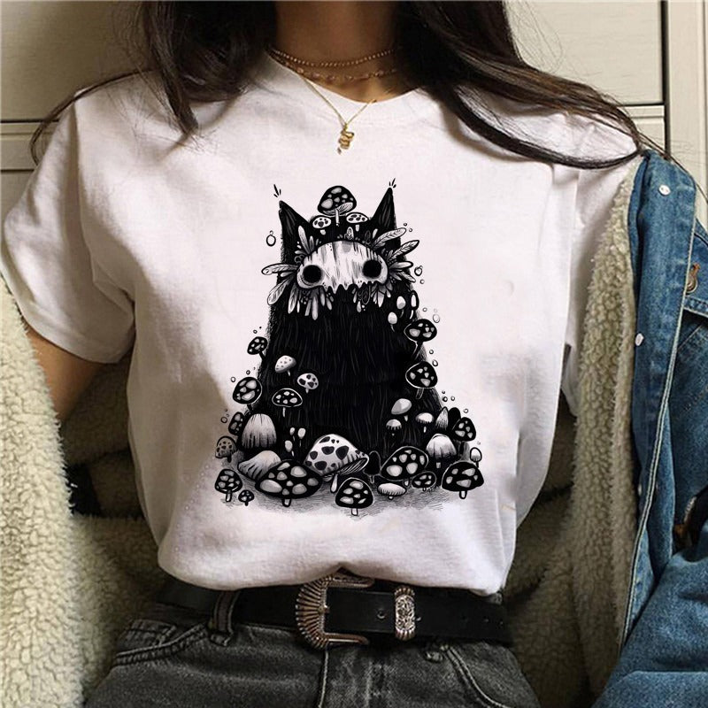 Cartoon Cat Mushroom Halloween Print T-shirt Short Sleeve