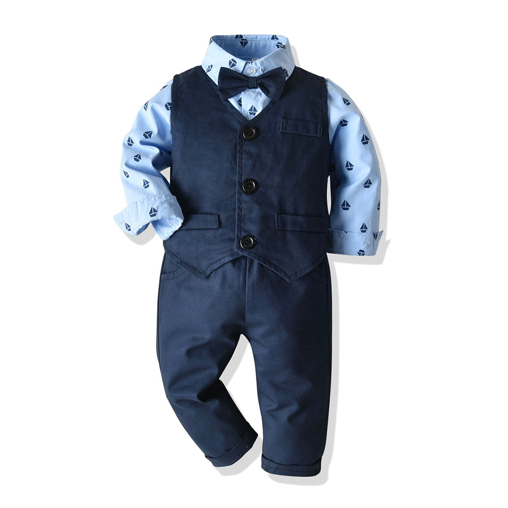 Top and Top Gentleman Clothing Set Cotton Long Sleeve Bowtie Shirt+Waistcoat+Pants 3Pcs Suit Kids Boy Izingubo Ezivamile Isethi