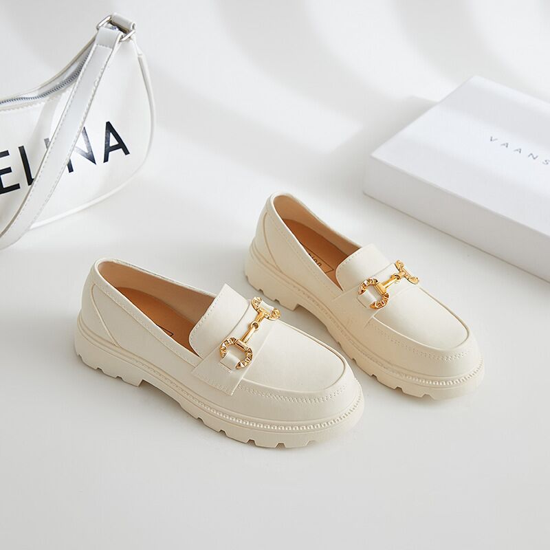 Women's British Style Retro Small Golden Button Round Toe PVC Slip-on Platform Shoes