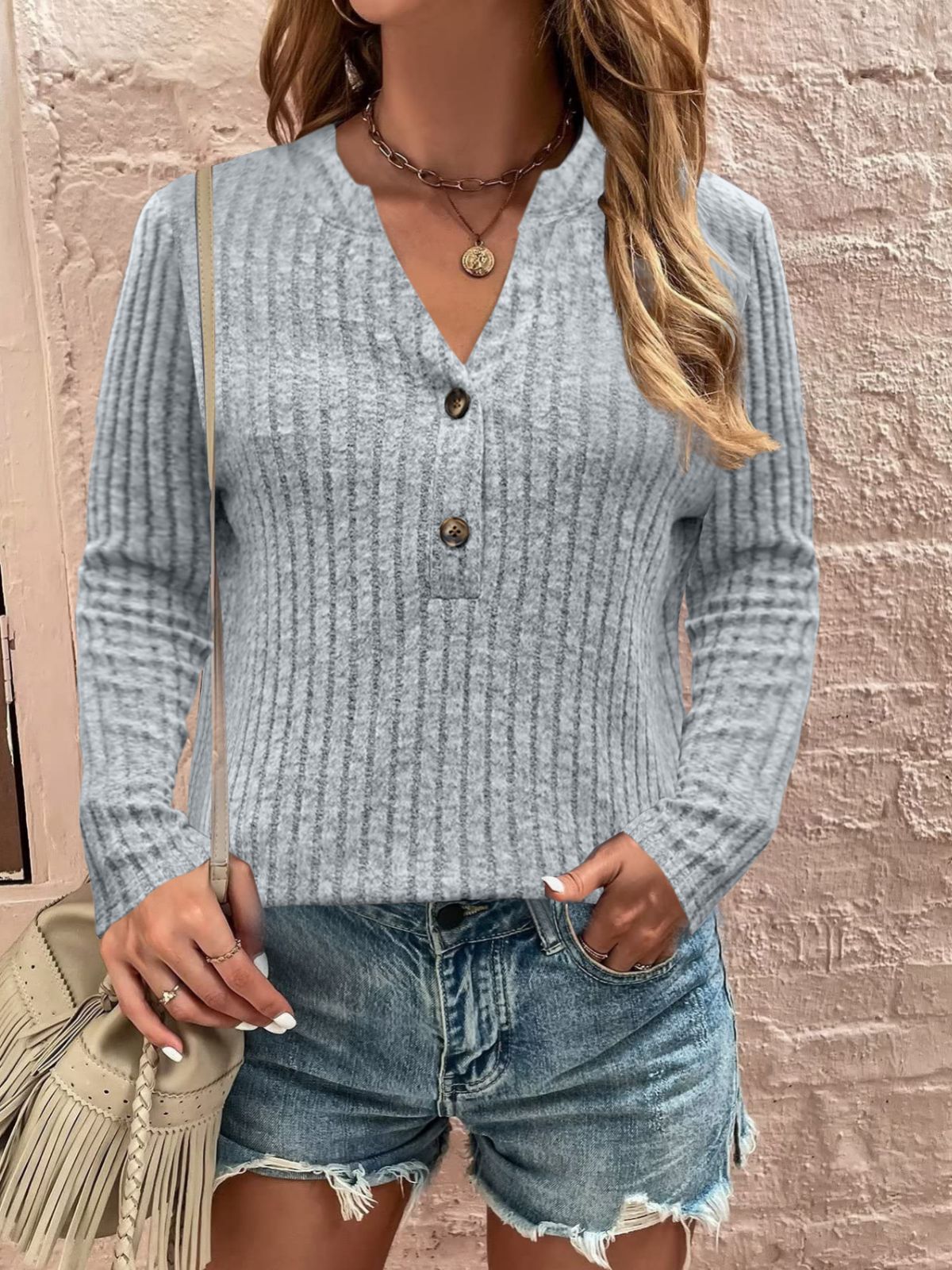 Sunken Stripe Brushed Casual Button Long-sleeved Top