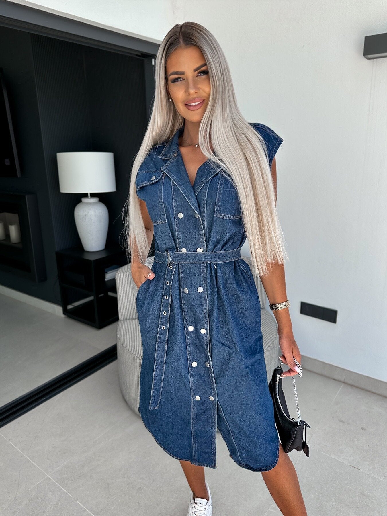 Sleeveless Denim Dress with Cinched Waist and Polo Collar