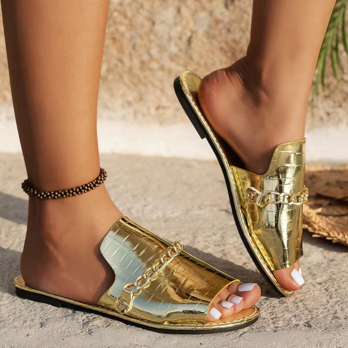 Summer Fish Mouth Flat Slides Shoes with Pattern Chains for Women