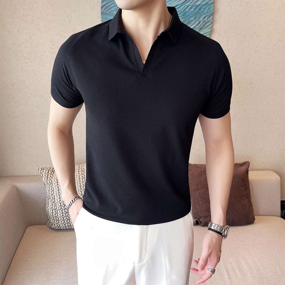 Black V-neck Short Sleeved Men's Style