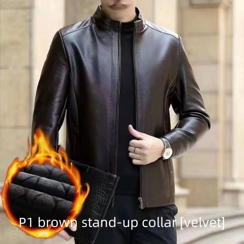 Leather Jacket For Middle-aged Men Leather Clothing With Stand Collar