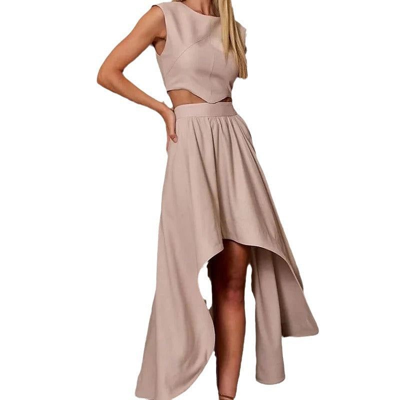 Summer Round Neck Sleeveless Midriff-baring Top High Waist Irregular Skirt Suit