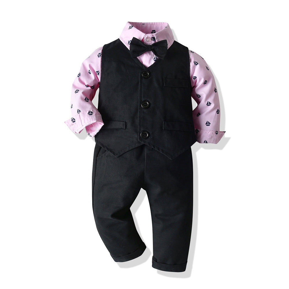 Top and Top Gentleman Clothing Set Cotton Long Sleeve Bowtie Shirt+Waistcoat+Pants 3Pcs Suit Kids Boy Izingubo Ezivamile Isethi