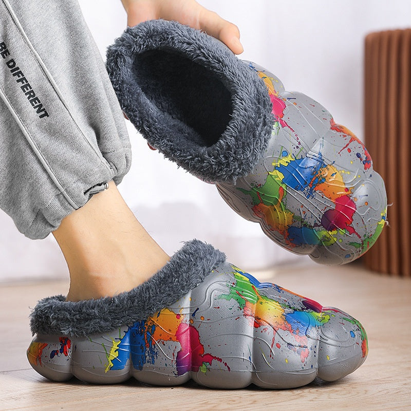 Home Indoor Platform Fleece-lined Contrast Color Cotton Slippers