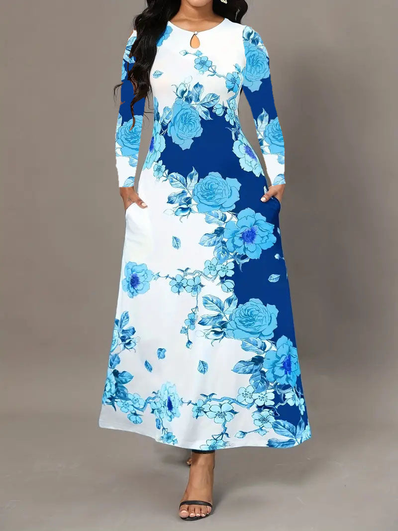 Round Neck Long Sleeve Printed Pocket Waist-controlled Large Hem Dress