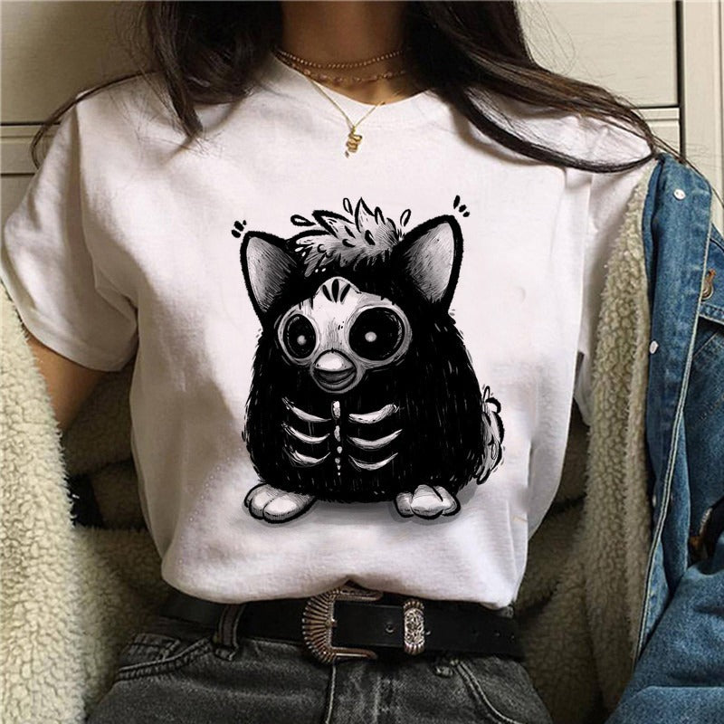 Cartoon Cat Mushroom Halloween Print T-shirt Short Sleeve