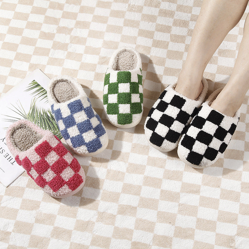 Comfortable Home Chessboard Grid Warm Winter Cotton Slippers