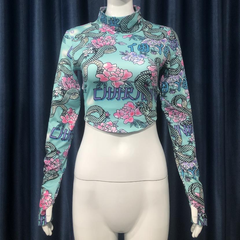 Stand-up Collar Printed Halter Fashion Slim Bottoming Long-sleeved