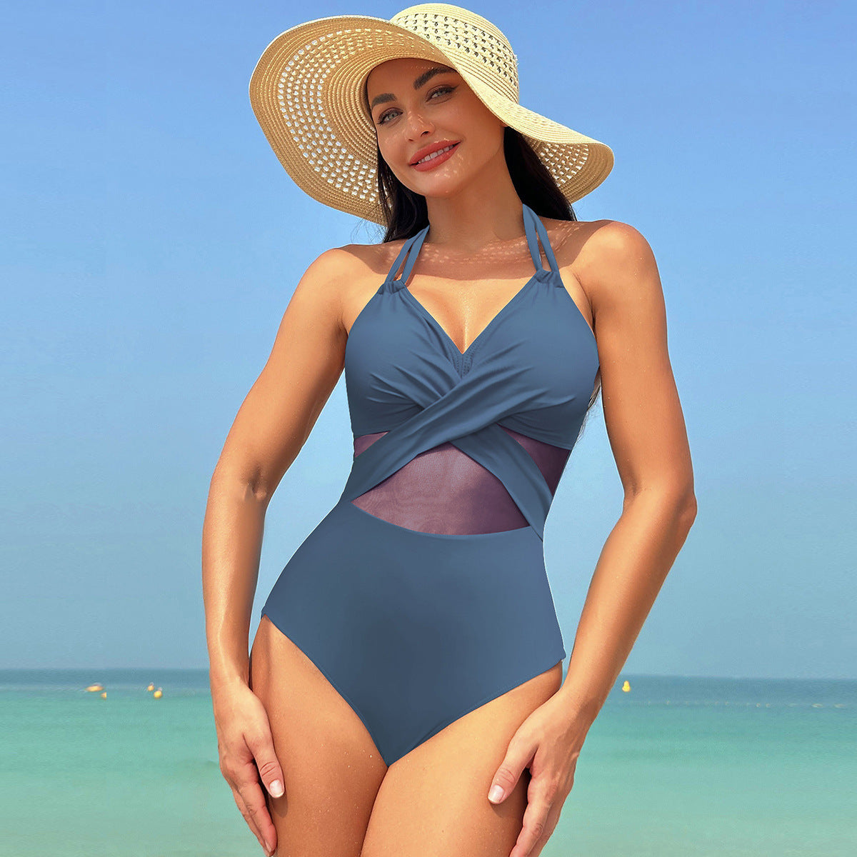 Elegant Cross-strap Solid Color One-piece Halter-neck Swimsuit