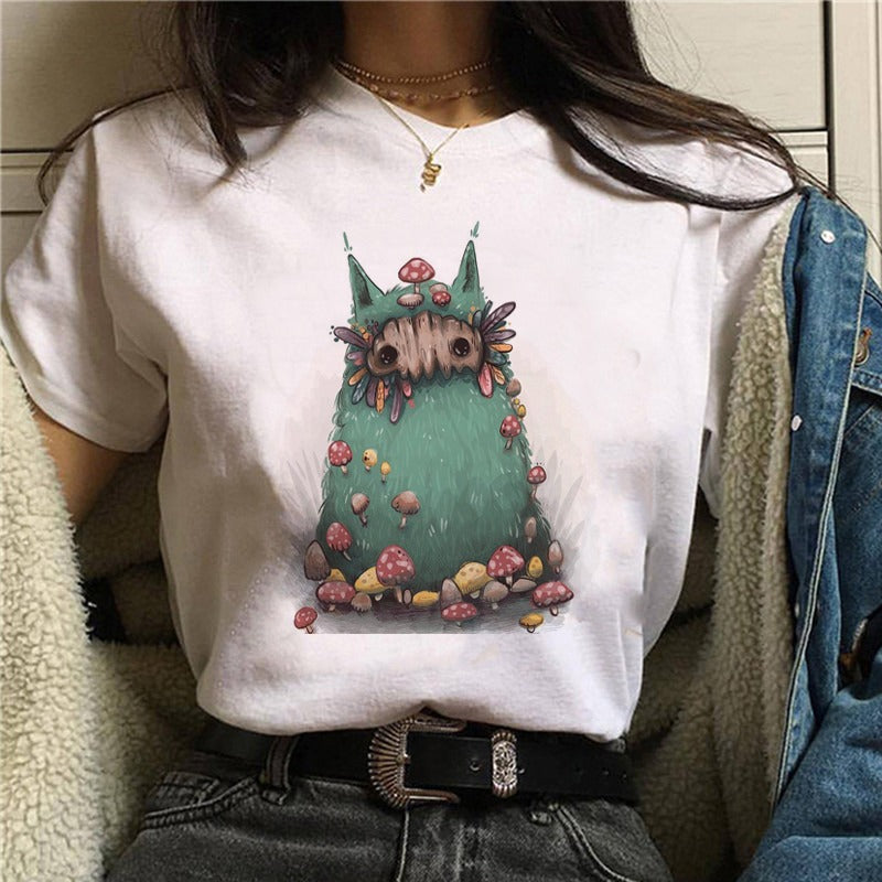 Cartoon Cat Mushroom Halloween Print T-shirt Short Sleeve