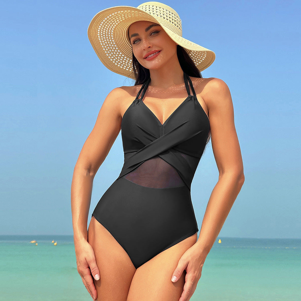 Elegant Cross-strap Solid Color One-piece Halter-neck Swimsuit