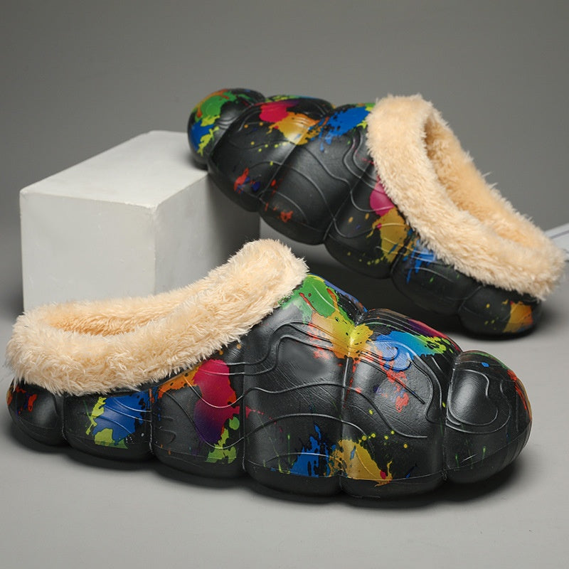 Home Indoor Platform Fleece-lined Contrast Color Cotton Slippers