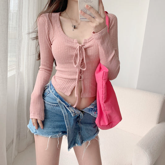 Women's U-neck Lace-up Cardigan Low Collar Long Sleeves T-shirt