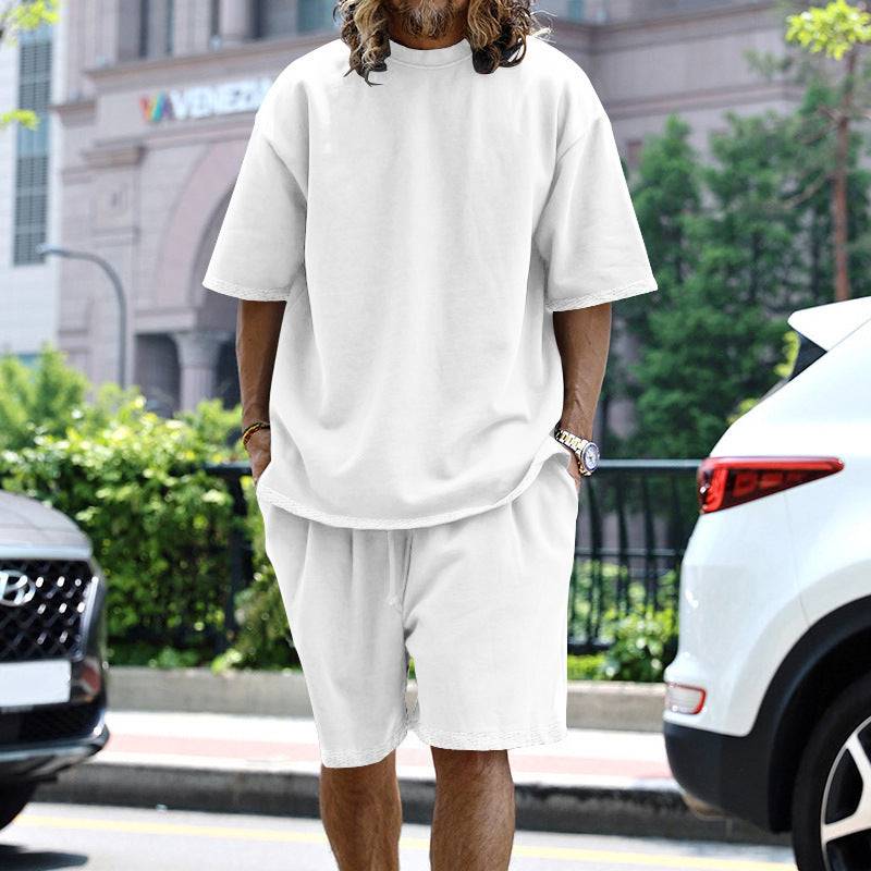 2pcs Loose Sports Suits Summer Round Neck Short-sleeved T-shirt And Drawstring Pockets Shorts