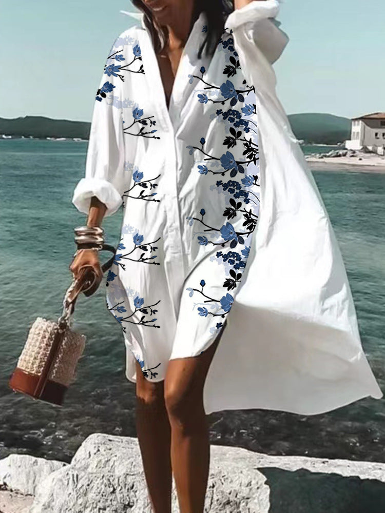 Women's Loose Digital Printing Long-sleeved Lapel Shirt Dress