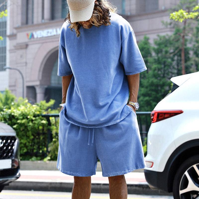 2pcs Loose Sports Suits Summer Round Neck Short-sleeved T-shirt And Drawstring Pockets Shorts