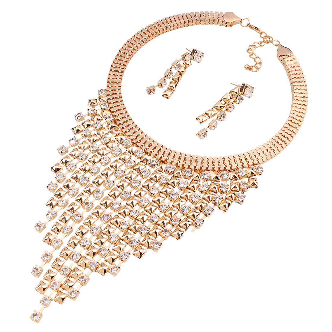 Creative Fashion Multi-layer Tassel Diamond Necklace And Earrings Suite