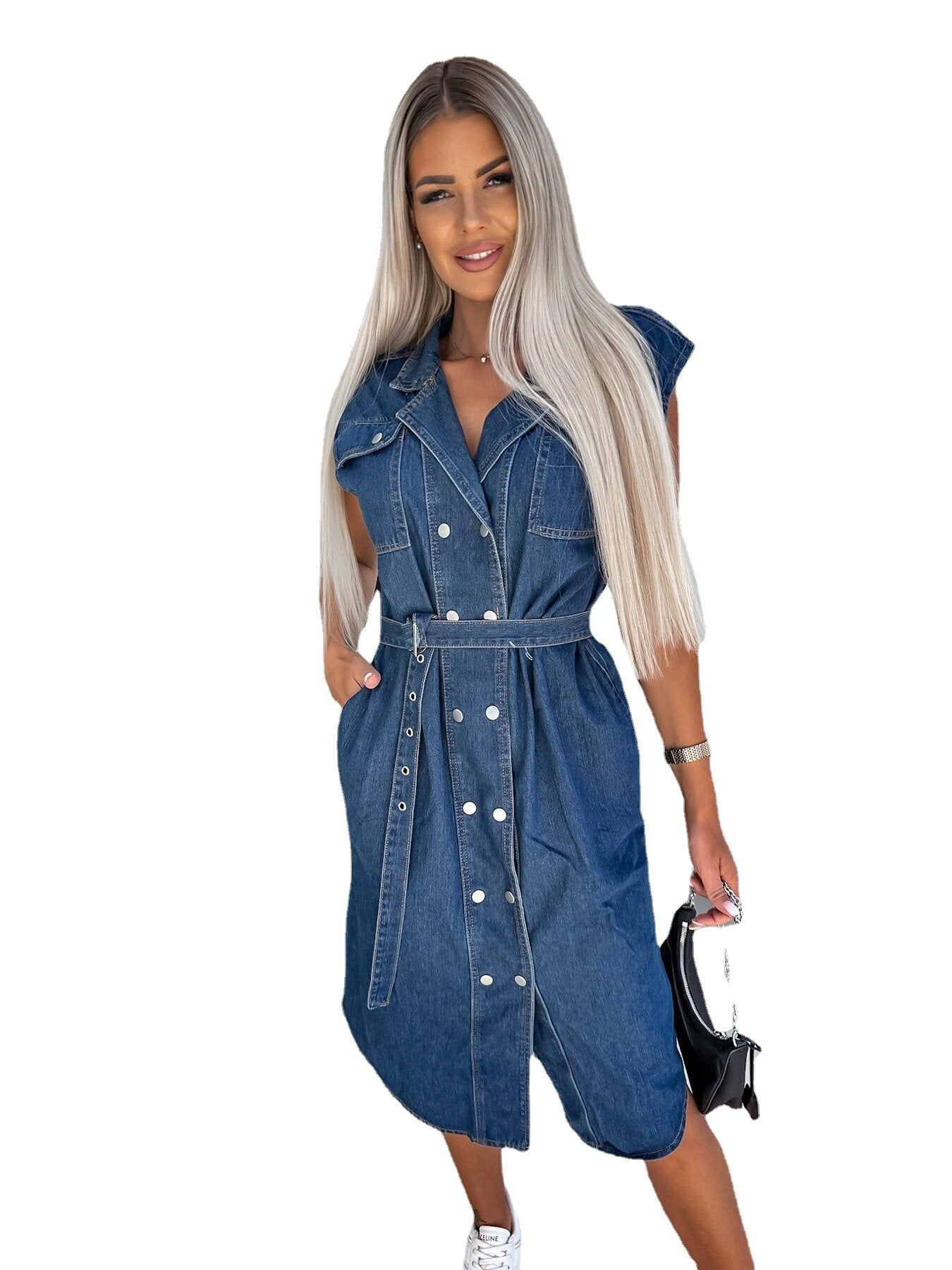 Sleeveless Denim Dress with Cinched Waist and Polo Collar