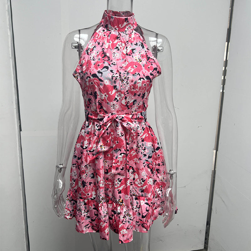 New Halter neck Dress with Floral Print for Summer Fashion