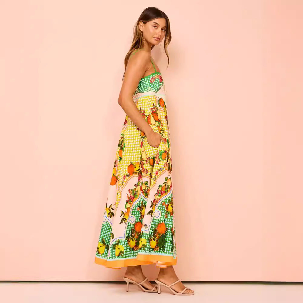 Floral Print Backless Sexy Suspenders Wide Hem Loose Dress