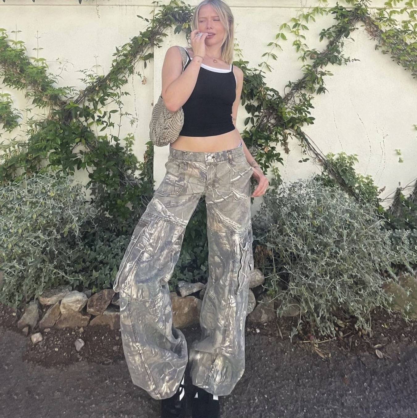 Summer Low Waist Straight Trousers with Pockets in Camouflage Print