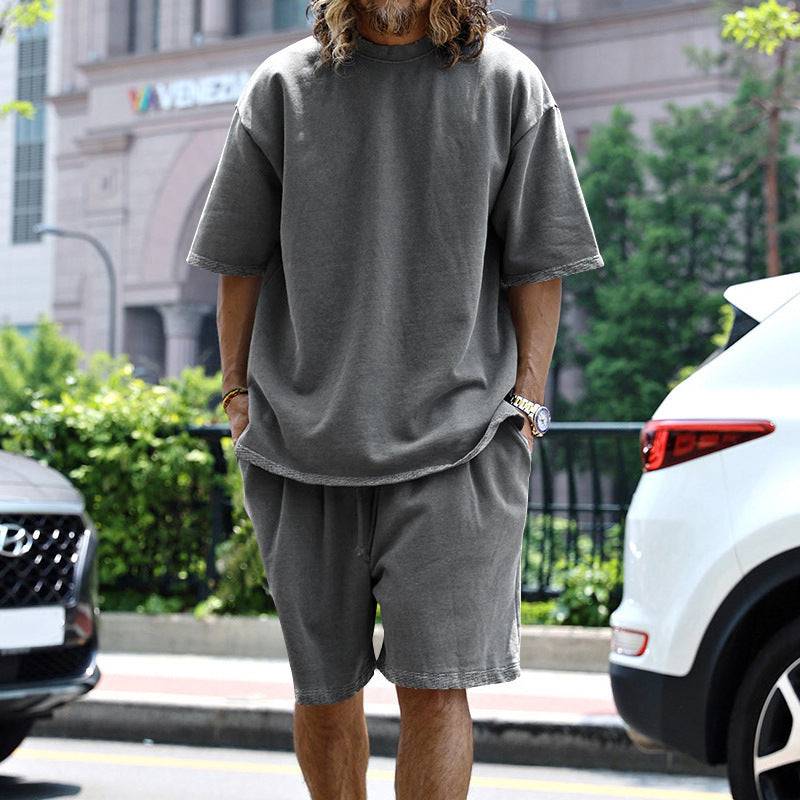 2pcs Loose Sports Suits Summer Round Neck Short-sleeved T-shirt And Drawstring Pockets Shorts