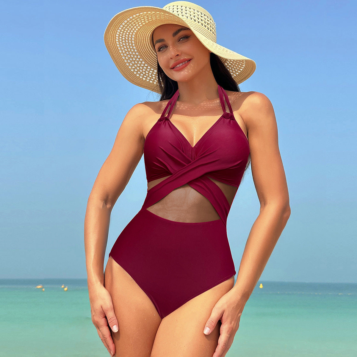 Elegant Cross-strap Solid Color One-piece Halter-neck Swimsuit