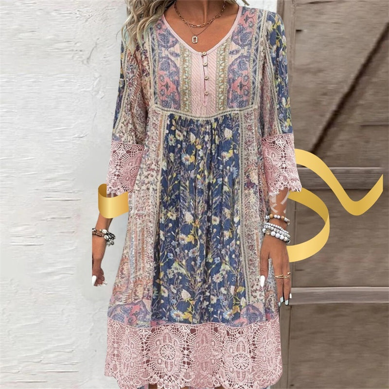 Women's Fashion Retro Printing Lace Dress