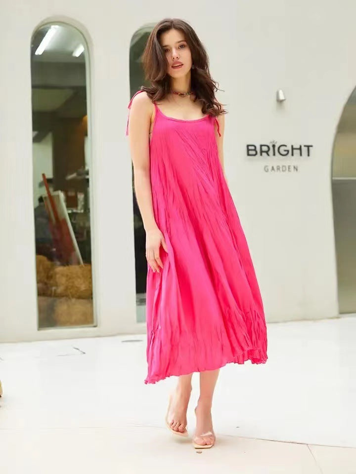 Spring And Summer Beach Pleated Suspender Dress Mid-length