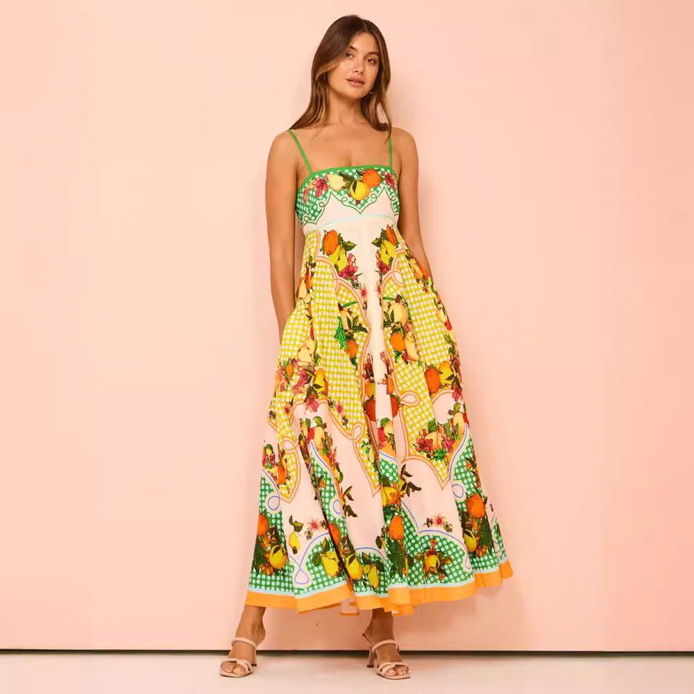 Floral Print Backless Sexy Suspenders Wide Hem Loose Dress