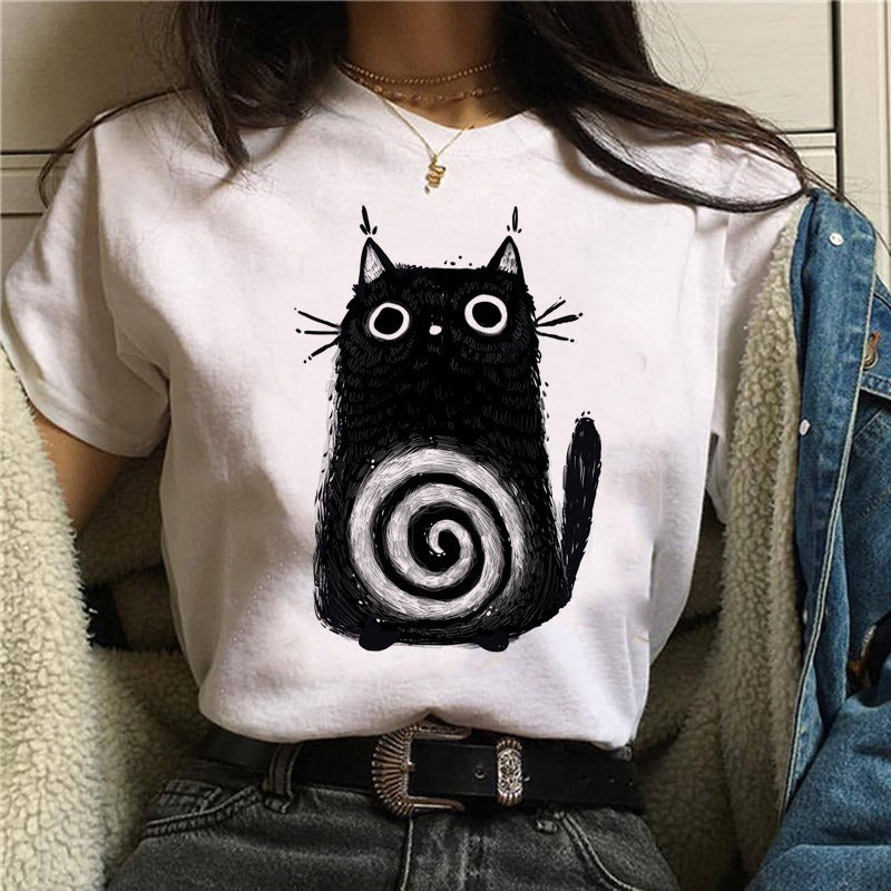 Cartoon Cat Mushroom Halloween Print T-shirt Short Sleeve