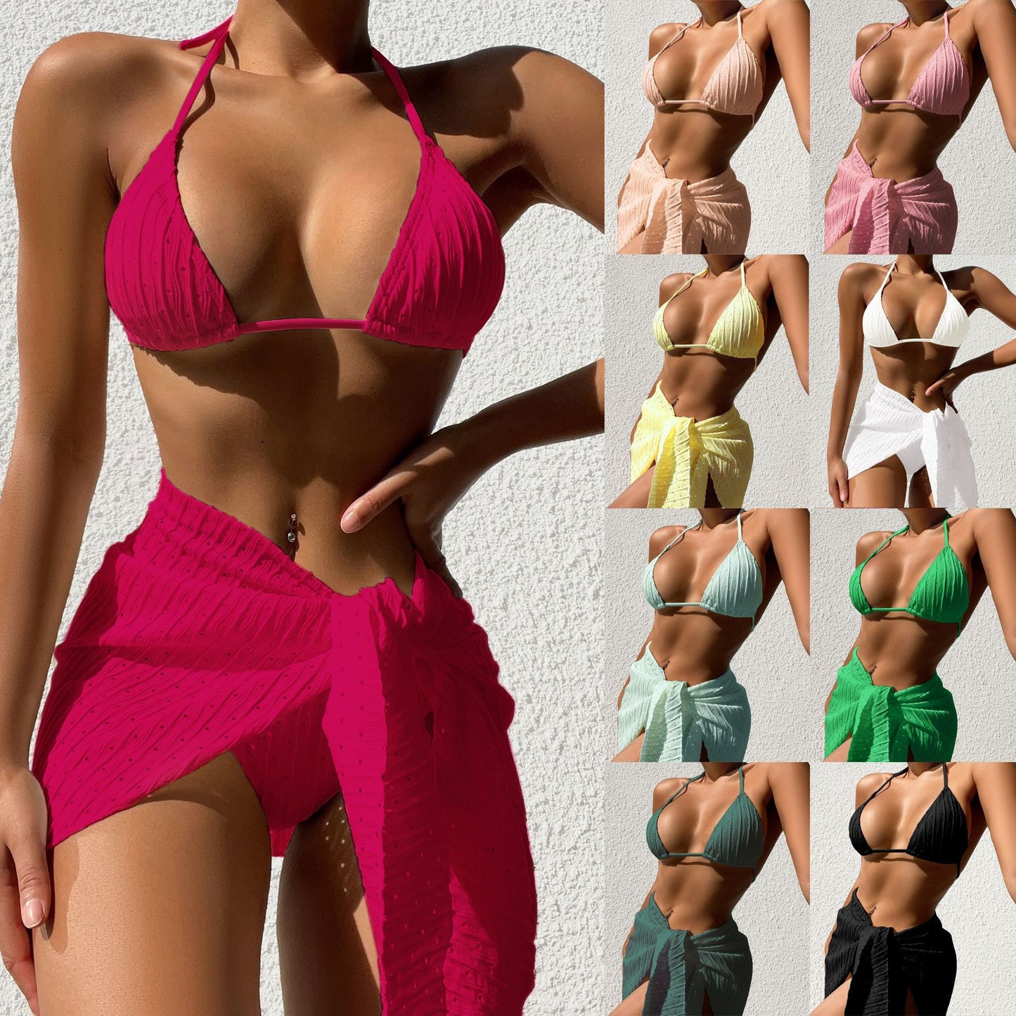 Halterneck Swimsuit Set Beach Solid Color Bikini With Mesh Skirt 3pcs